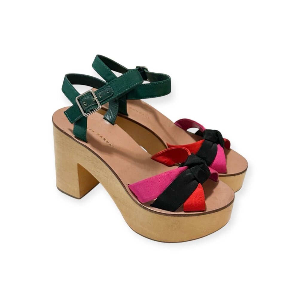 Loeffler Randall Elsa Platform Sandals Wood Clog Multi Silk Knot Heel Size 6 - Picture 7 of 16